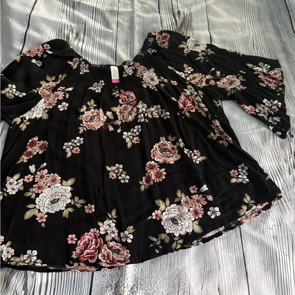 No Boundaries Black Top with Floral Pattern
